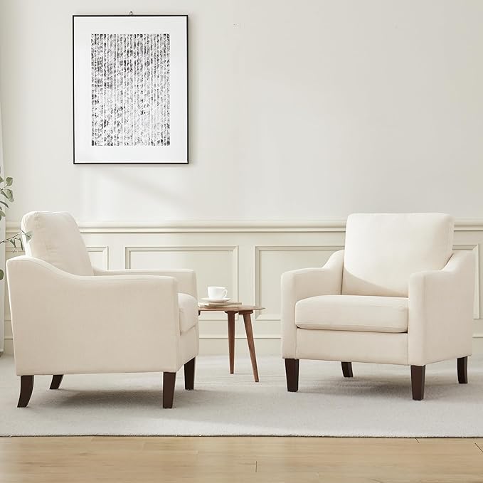 VKNOW Mid Century Modern Accent Chair, Upholstered Living Room Chairs Armchair for Bedroom, Comfy Reading Accent Chairs with Wood Legs for Living Room (2, Beige)