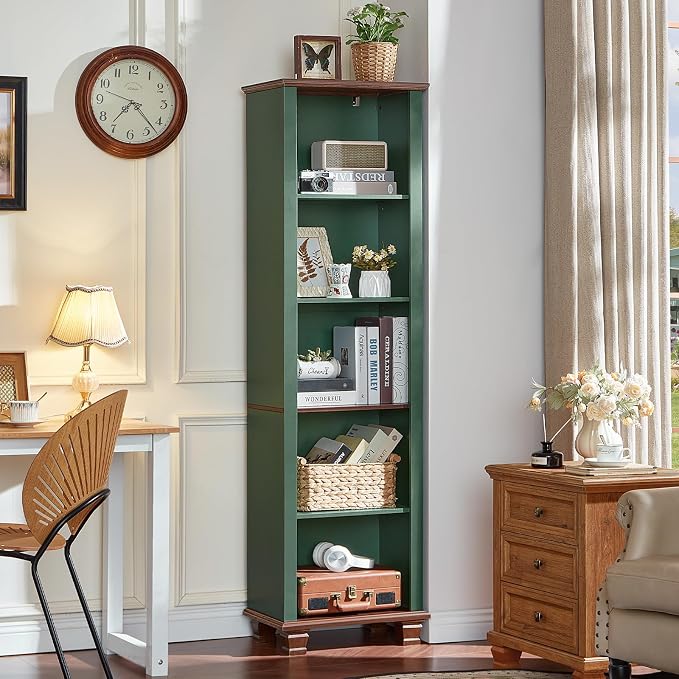SAVOR LIFE Narrow Green Book Shelf, 70" Tall Skinny Bookshelf with Adjustable Shelves & Wooden Legs, Farmhouse Wood Bookcase w/5-Tier Open Storage, Free Standing Book Case for Office, Living Room