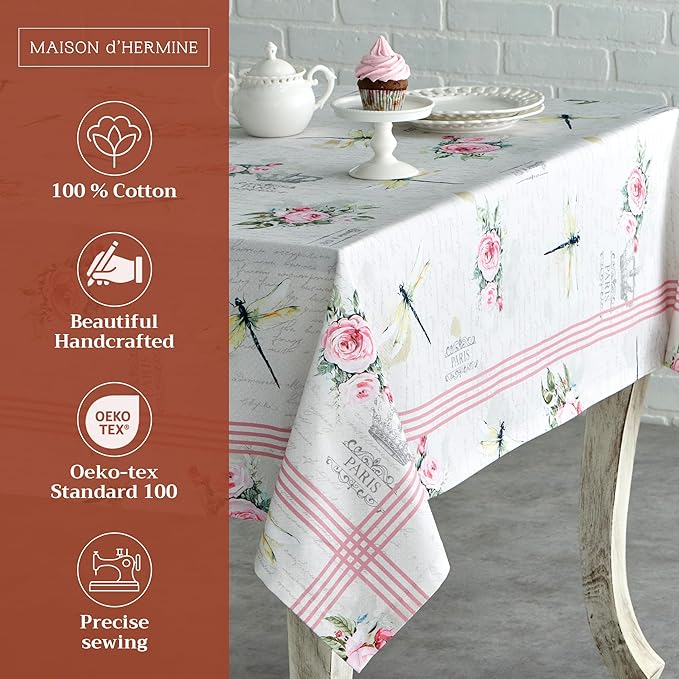Maison d' Hermine Table Cloth Square Table 100% Cotton 60 x 60 Inches Tablecloth Reusable Decorative for Dining Room Farmhouse Home Valentines Day Decorations Spring Summer - Champ De Mars