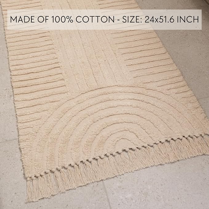 KIBAGA Boho Bathroom Rug with Tassels - Soft, Washable, Non-Slip Cotton Mat - Perfect 2x4.3 ft. Size to Enhance Modern Home Decor