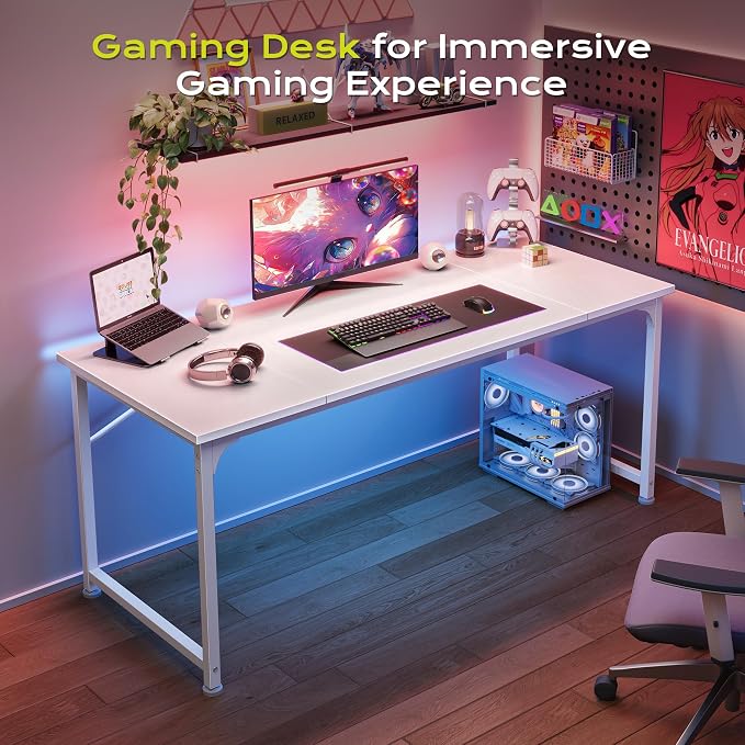 PRAISUN 55 Inch Computer Desk, Home Office Desk with Spacious Desktop, Modern Gaming Desk, Writing Study Table for Bedroom, Small Spaces, Work from Home Desk with Metal Frame, White