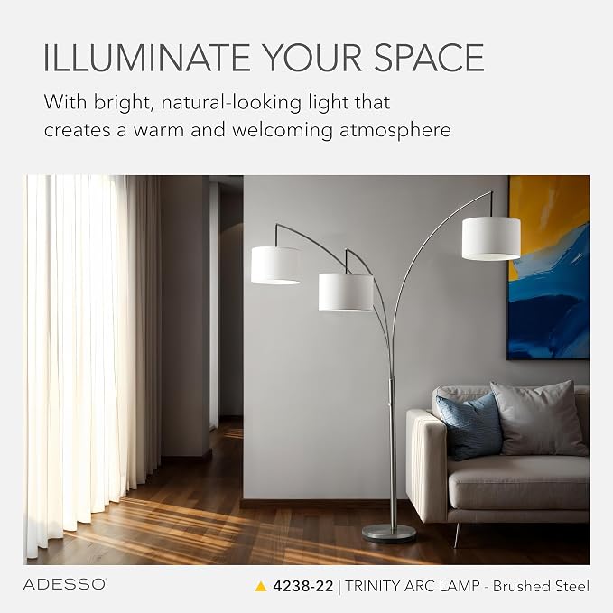 Adesso Arc Floor Lamp with 3 Movable Shades & Dimmable Brightness - Perfect Lighting for Bedroom, Living Room and Corner Decor, Brushed Steel