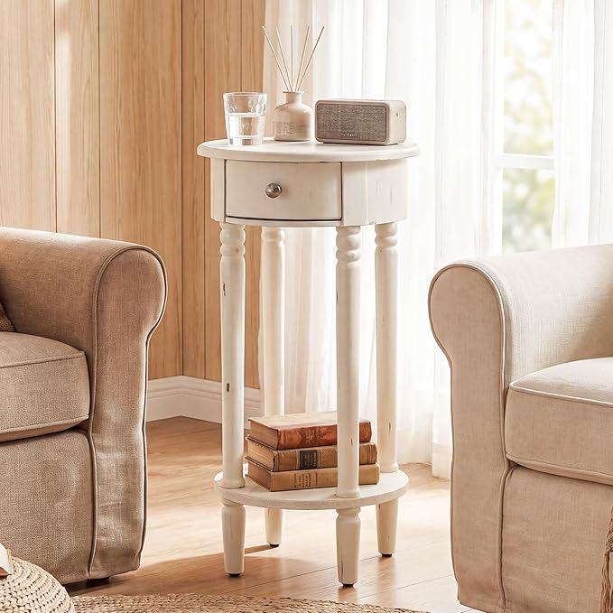 HOMPUS Round End Table with Drawer, Tall end Table with Open Shelf, Farmhouse Rustic Nightstand, Slim Side Table for Small Spaces, Skinny Modern Space-Saving Accent Table for Bedroom, Easily Assembled