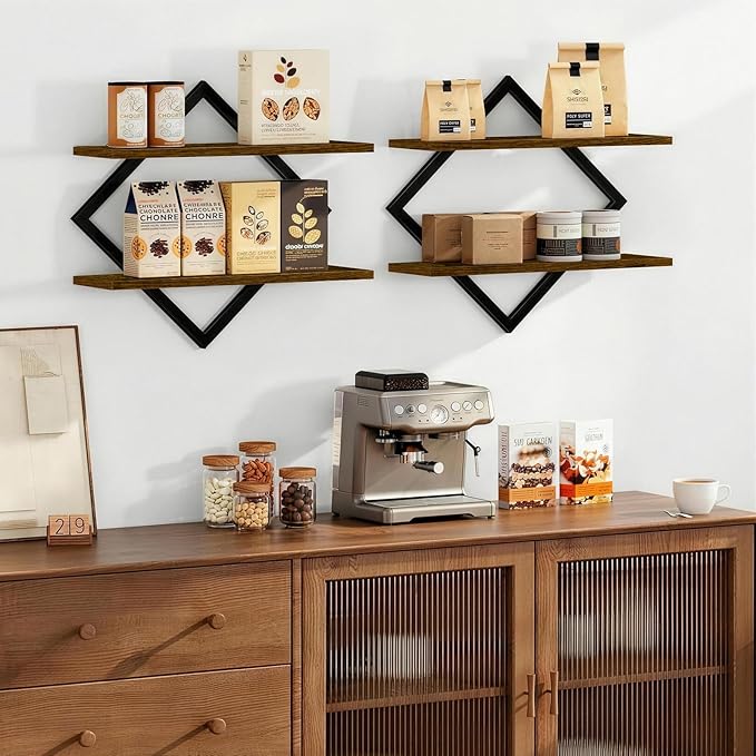 Geometric Floating Shelves Set of 3, Decorative Rustic Wall Shelves for Living Room, Bedroom & Bathroom, Wood & Metal Farmhouse Wall Mounted Display Shelves for Plants, Picture Frames & Small Decor
