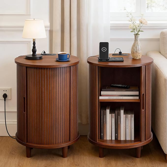 DHH End Table Set of 2 with Storage & Charging Station, Fluted Accent Side Table with Sliding Door & Adjustable Shelf, Mid-Century Nightstand for Small Spaces, Living Room, Bedroom(2, Walnut)