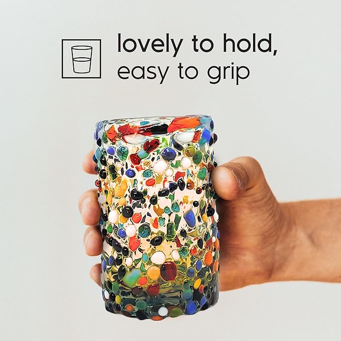 Confetti Rocks 9 oz Juice Glasses (set of 6) Mexican Handmade Multicolor Glassware, Recycled Glass, Lead-free, Toxin-Free (Juice)