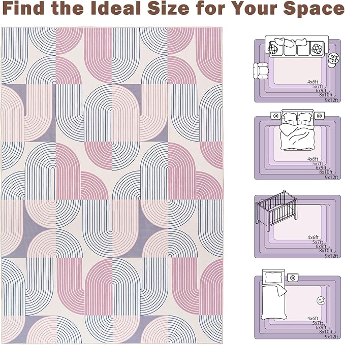 Large 8x10 Area Rugs Living Room-Soft Modern Geometric Pink Rug for Bedroom, Washable Non-Slip Indoor Floor Boho Abstract Carpet for Dining Room Nursery Home，Pink/Purple