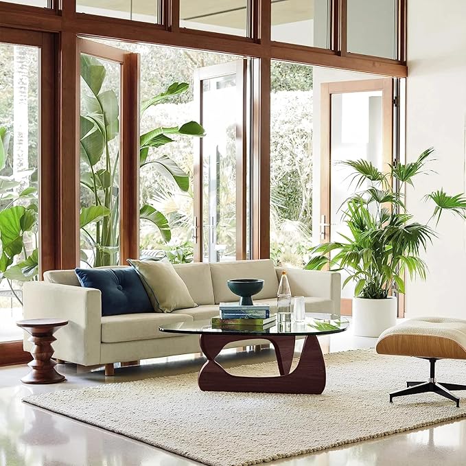 Modern Triangle Glass Coffee Table, Wood End Table with Solid Wood Base and Clear Glass Top, Center Table for Living Room and Patio