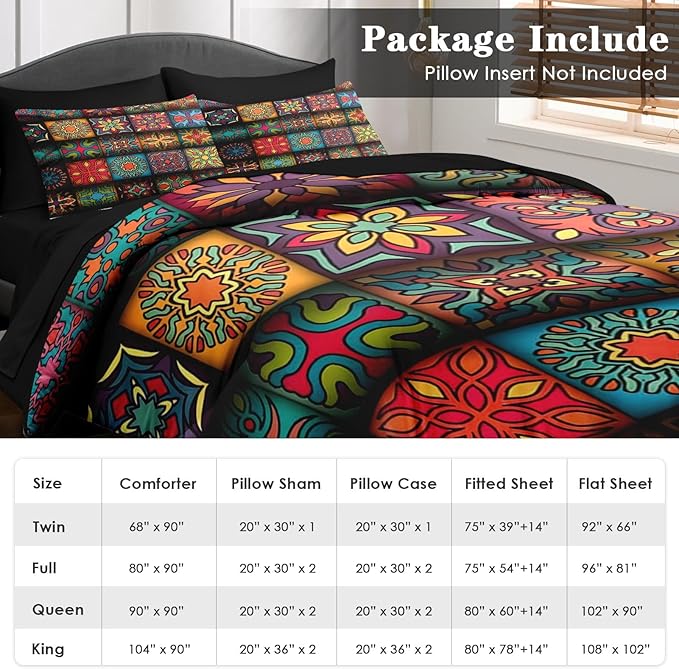 Pamnest Comforter Set Queen Size, Colorful Vintage Floral 7 Pcs Bedding for Kids and Adults, Mandala Bohemian Bed Sheet Sets with Fitted Sheet 2 Pillowcases & 2 Shams for Bedroom Bed Decor