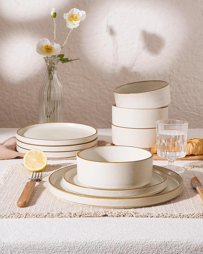 Famiware Nebula Plates and Bowls Sets, 18 Pieces Stoneware Dinnerware Sets, Reactive Glaze Dish Set, Dishes Set for 6, Matte Beige White with Brown Rim