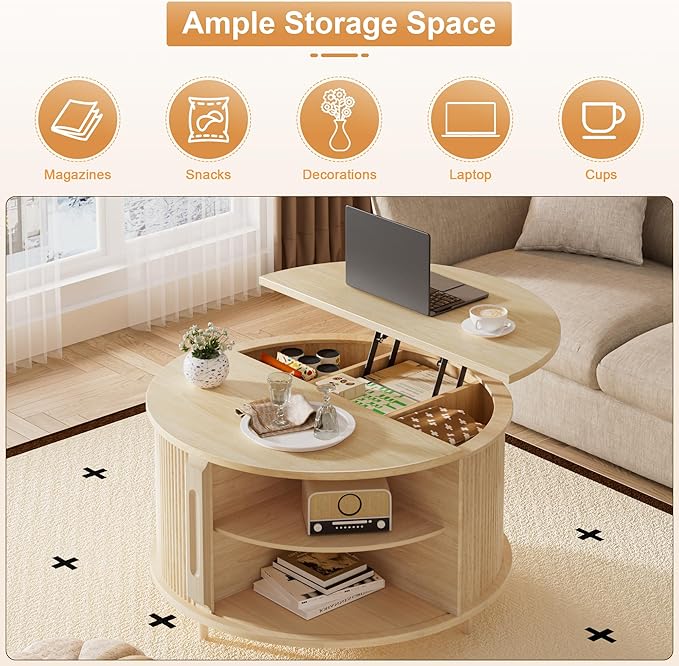 Round Lift Top Coffee Table, 31.5” Fluted Wood Lift Up Center Table with Sliding Door & Hidden Storage, Mid Century Modern Coffee Table for Living Room & Home Office (Natural)