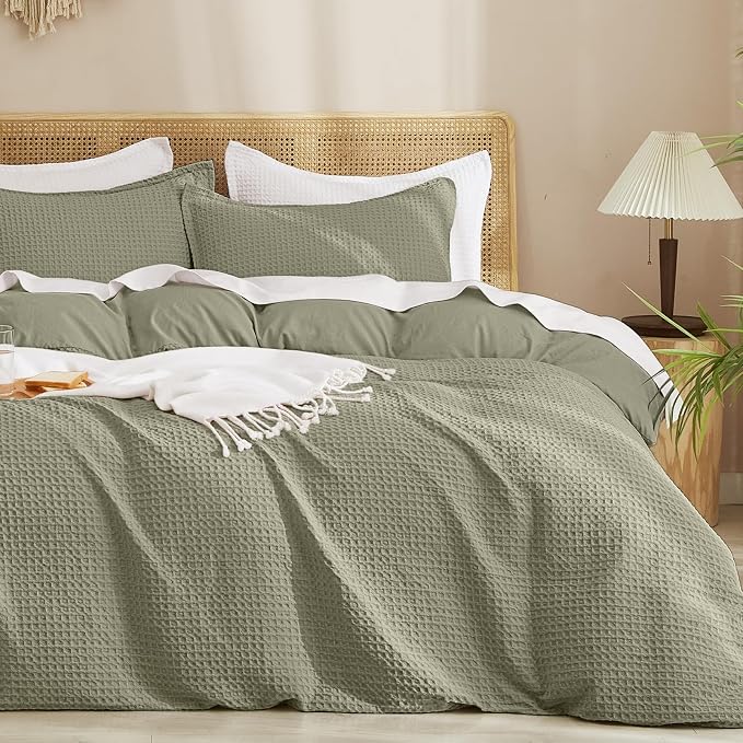 PHF Waffle Duvet Cover Set Queen Size, No Snagging Ultra Soft Luxury Textured Breathable Comforter Cover for All Season 3pcs, Durable Bedding Duvet Set with 2 Pillow Shams, 90"x90", Dusty Sage