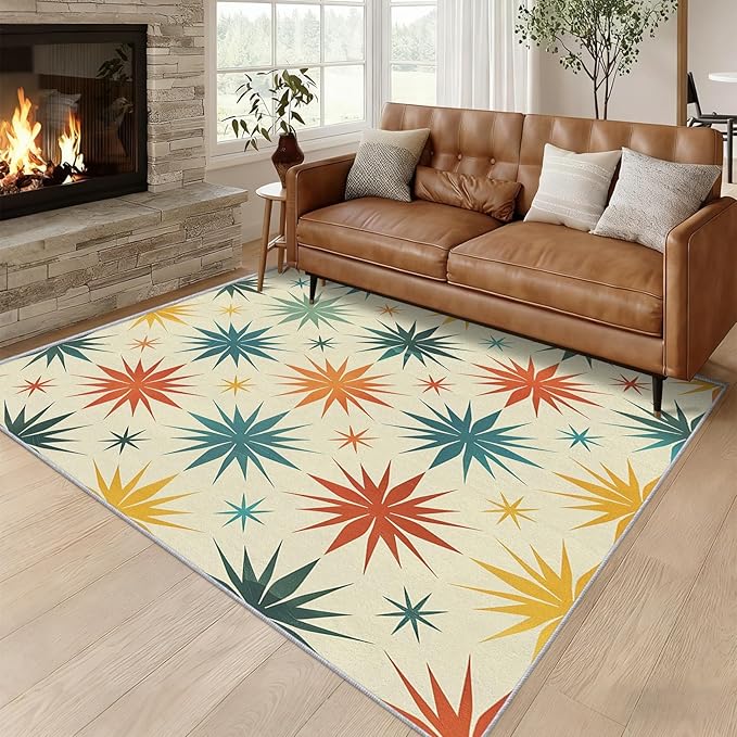 Retro Atomic Rugs for Living Room Decor, 3x4 ft, Mid Century Modern Area Rugs for Bedroom, Soft Non Slip Washable 50s Abstract Geometric Carpet Home Decorations D-g48