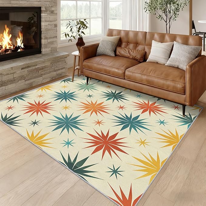 Retro Atomic Rugs for Living Room Decor, 4x6 ft, Mid Century Modern Area Rugs for Bedroom, Soft Non Slip Washable 50s Abstract Geometric Carpet Home Decorations D-g48
