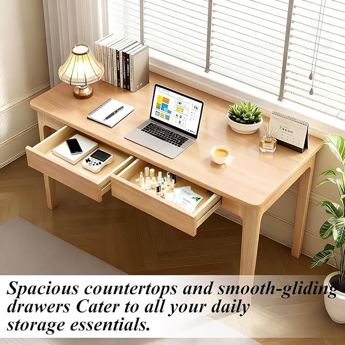 Solid Wood Desk,47" Oak Wooden Desk with Drawers,Mid Century Modern Small Computer Desk with Drawers for Small Spaces Home Office Solid Wood Writing Desk (Wood Color-2, 47")