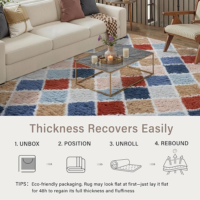 8x10 Checkered Rug for Living Room Rainbow Modern Soft Area Rug Fluffy Non-Slip Carpet for Bedroom Playroom Home Aesthetic Decor