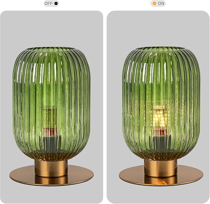 Bedside Table Lamps Set of 2, Small Glass Table Lamp Green Bedside Lamp with Brass Metal Base, Mid Century Table Lamp Gold Nightstand Lamp End Table Lamps for Bedroom Living Room Office