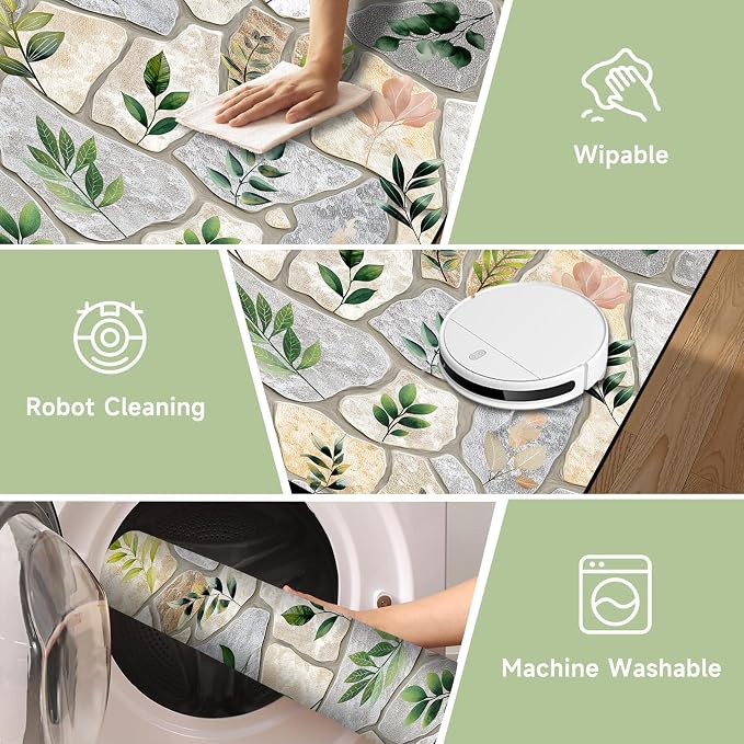 6'x9' Optical Illusion Rug 3D Stone Floor Mat Green Leaf Botanical Area Rug Rustic Nature Washable Carpet for Bedroom Living Room Kitchen Nursery Playroom Home Decor
