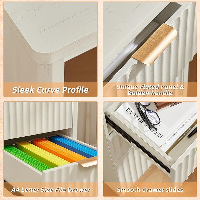 LEYAOYAO Office Desk 48" with 3 Drawers Storage File Cabinet Wood Fluted Desk for Computer Office Bedroom Home Furniture White