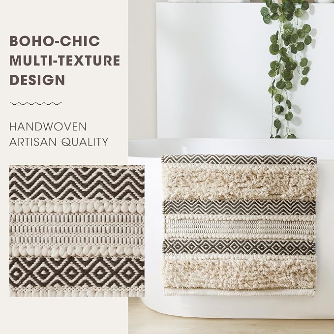 INK+IVY Bath Rug Hand-Woven Texture Shaggy Striped Soft & Water Absorbent, Boho Bathroom Décor Bath-Mats, Non-Slip Absorbent Quick Dry Mats for Tub, Shower Room, Asher, 20x32, Black 1 Piece