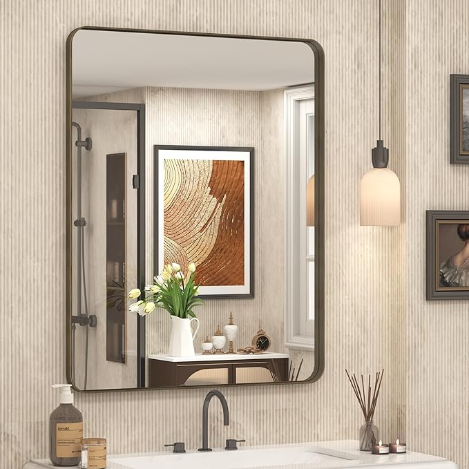 26x36 Inch Bronze Framed Mirror, Brushed Bronze Metal Bathroom Vanity Mirror for Wall, Modern Rectangle Mirror, Rounded Corner, Anti-Rust (Horizontal/Vertical)