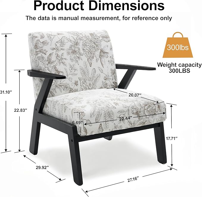 Floral Accent Chair, Mid Century Modern Chairs, Upholstered Armchair with Solid Rubber Wood Living Chair, Ergonomic Chair for Living Room, Bedroom, Reading Room