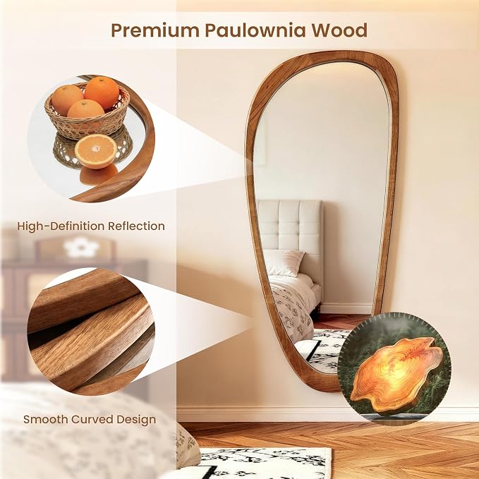 48" x 22" Asymmetrical Wall Mirror with Brown Wood Frame, Irregular Decorative Mirror for Living Room Entryway Bedroom, Large Wall Mirror, HD Tempered Glass, Horizontal or Vertical Hanging