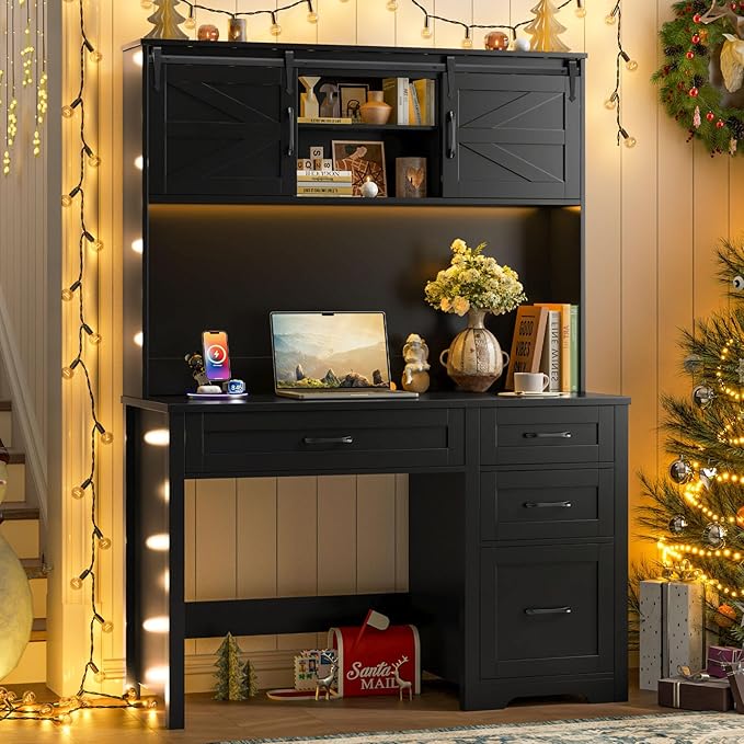 Vabches Farmhouse 67" H Executive Desk with Hutch,Office Table with LED Light and 6 Drawers,Computer Desk with Charging Station,File Drawers and Storage Cabinet,Workstation for Home Office.Black