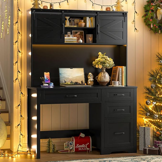 Vabches Farmhouse 67" H Executive Desk with Hutch,Office Table with LED Light and 6 Drawers,Computer Desk with Charging Station,File Drawers and Storage Cabinet,Workstation for Home Office.Black
