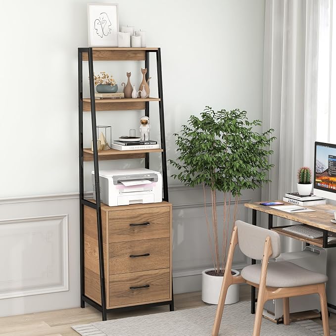 Giantex Ladder Bookshelf with Drawers, 69" Tall Wooden Bookcase with 4 Shelves, Modern Book Shelf Storage Organizer Unit, Freestanding Display Shelving Rack for Living Room, Bedroom (Brown)