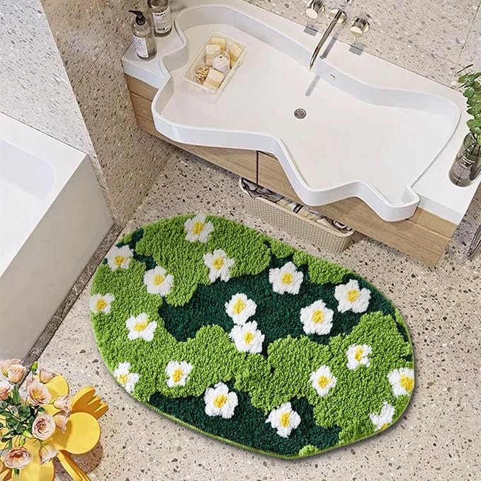 Cute Grass Rug, Green Floral Bath Mat Aesthetic Bathroom Rug 24''W x 36''L Non Slip Washable, Modern Chic Boho Funky Throw Area Rugs for Bedroom Kitchen Bathroom