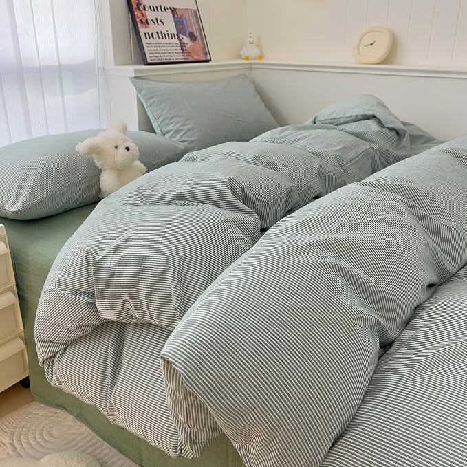 mixinni Green Striped Duvet Cover Twin Size - 100% Washed Cotton Pinstripe Comforter Cover with Zipper Closure, Lightweight & Breathable, 3 Pieces Minimalist Stripes Pattern Printed Bedding Set