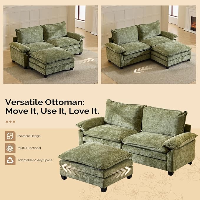 VINGLI 87" Convertible Sectional Sofa,L-Shaped Deep Seat Sofa Couch for Living Room,Modern 2-Seat Loveseat Sofa with Ottoman for Small Space(Olive Green)