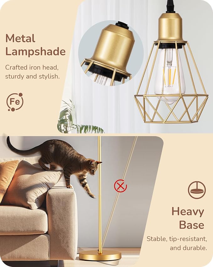 EDISHINE 70'' Dimmable Industrial Floor Lamp, Farmhouse Standing Lamps Diamond-Shaped Lampshade, 3 LED Edison Bulbs Included, Modern Rustic Floor Lamps for Living Room, Bedroom, Office, Gold
