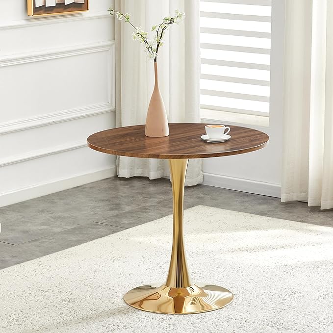 31.5 Inch Small Round Dining Table for 2-4 Person, Circle Tulip Table with Faux Walnut MDF Top and Gold Metal Base,Mid Century Modern Bistro Table for Kitchen, Small Places,Living Room, Cafe