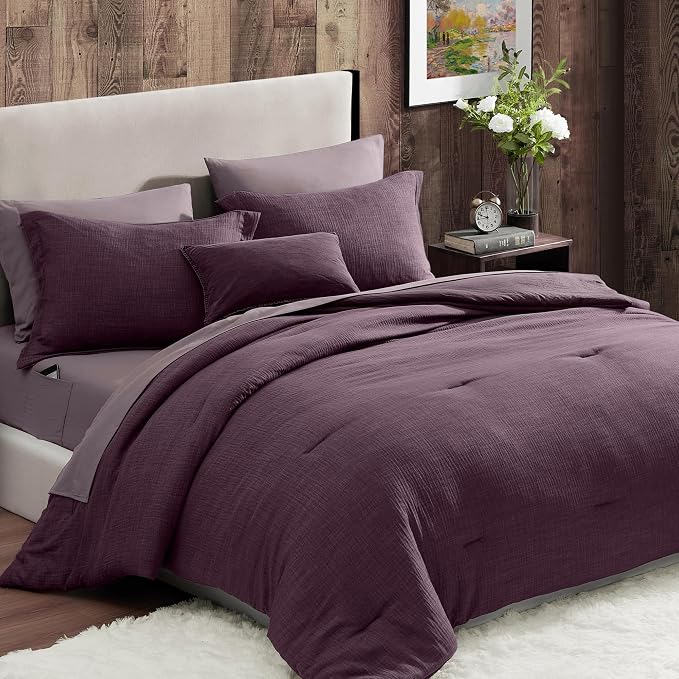 Geniospin Purple Full Comforter Set - 7 Pieces Eggplant Comforter Full Size, Solid Bedding Set for All Season, Textured Bed in a Bag with Sheets