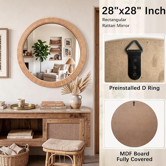 28"x28" inch Large Round Rattan Mirror for Wall, Boho Decorative Wicker Mirror Waterproof Synthetic Rattan Frame, for Bathroom, Bedroom, Living Room, Entryway