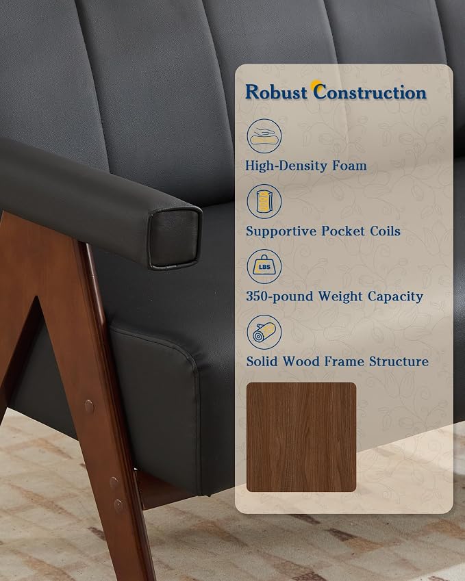 AODAILIHB Mid Century Modern Accent Chairs Set of 2, Solid Wood Frame Black Leather Armchairs, Modern Reading & Living Room Chairs for Office Guest & Waiting Room