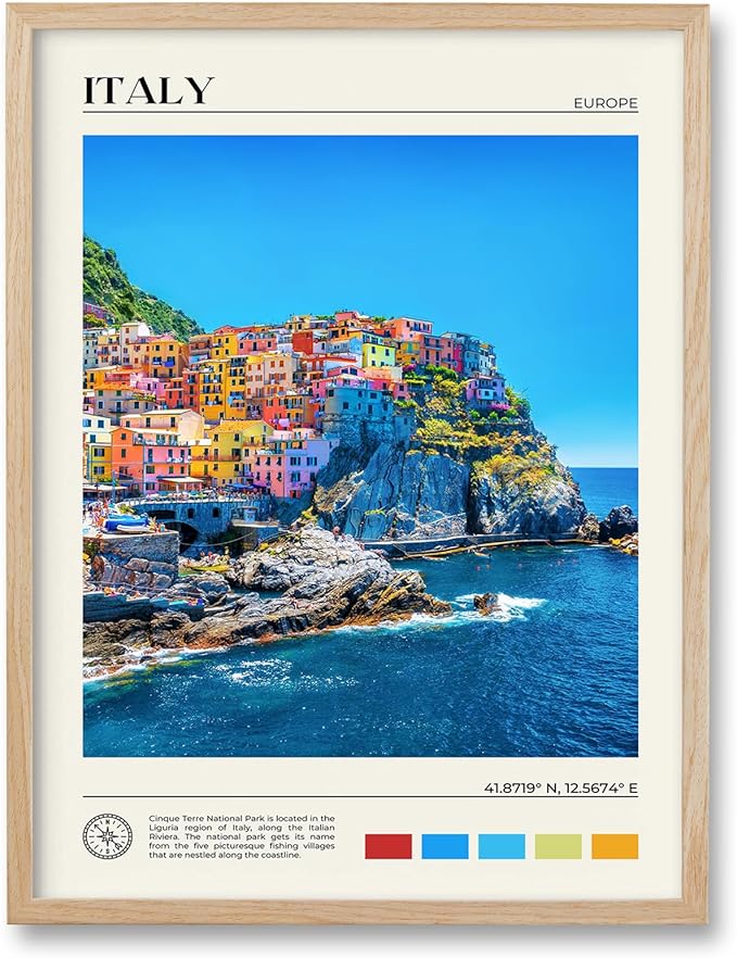 HesenDot Natural OAK Wood Framed Cinque Terre National Park Wall Art,12x16in Italian Natural Seascape Canvas Wall Print,Classic Urban Landmark Wall Decor for Living Room, Bedroom,Office Set of 1