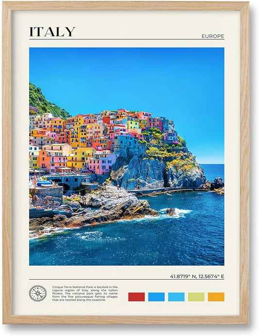 HesenDot Natural OAK Wood Framed Cinque Terre National Park Wall Art,12x16in Italian Natural Seascape Canvas Wall Print,Classic Urban Landmark Wall Decor for Living Room, Bedroom,Office Set of 1