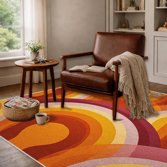 Retro Halo Area Rug 5x7, Mid Century Rainbow Arch Rug, Retro Abstract Carpet for Living Room Bedroom, Soft Non Slip Washable Rug