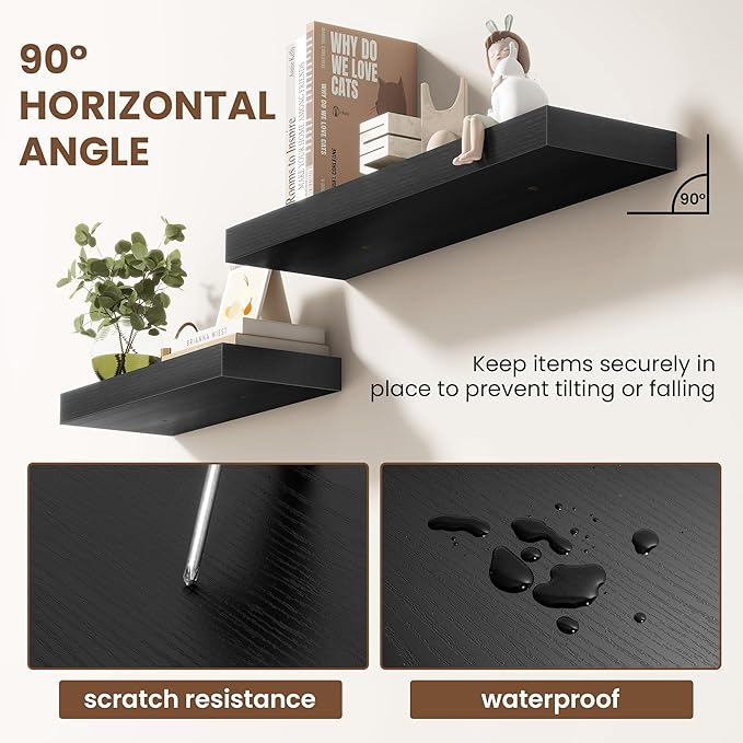 36 Inch Floating Shelves for Wall 2 Pack, 36" Wall Shelves for Books, Storage, Decor, Wall Mounted Floating Shelf with Invisible Brackets for Kitchen, Living Room, Black
