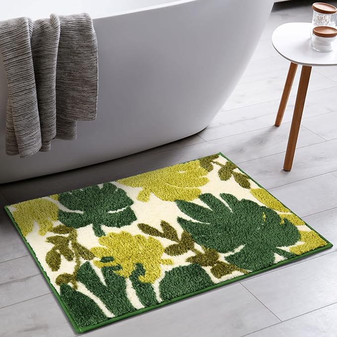 Hi Space Bathroom Rugs Mat 24x16IN Green Leaves Bath Mat for Bathroom Non Slip Machine Washable Soft Absorbent Cute Bath Rug Plush Bath Carpet for Tub Shower Sink Fluffy Entryway Doormat