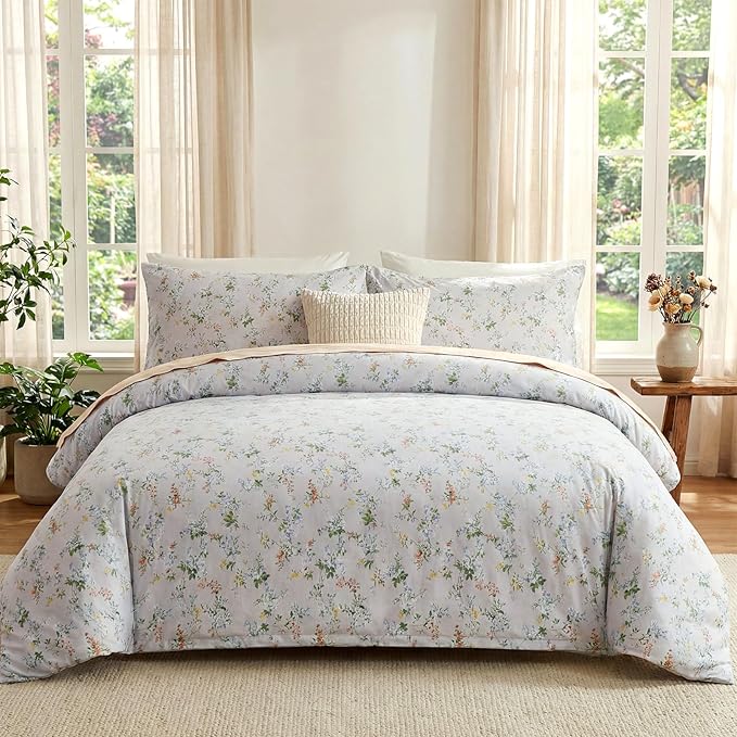 Green Floral Duvet Cover Queen Size 100% Cotton Botanical Coquette Bedding Sets with Zipper Closure 3 Pieces Soft & Breathable Reversible Comforter Cover