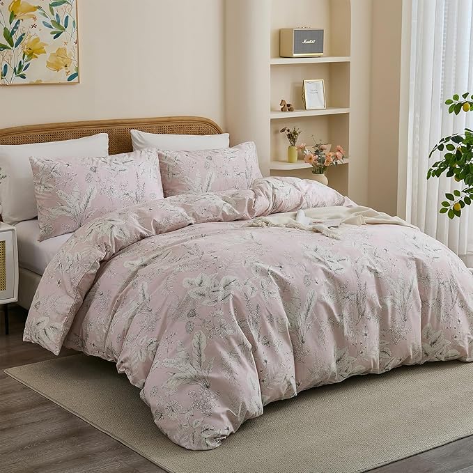 Cozeline Duvet Cover Set King Size 100% Nature Cotton Pink Floral Leaf Pattern Duvet Cover Set 3 Pieces Soft & Breathable Bedding Set with Zipper Closure & Corner Ties