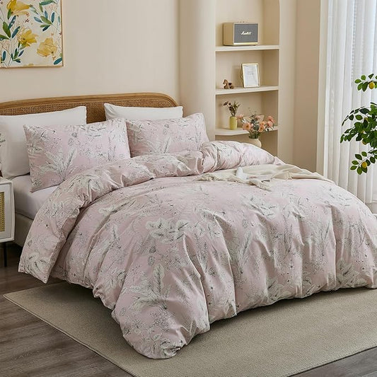 Cozeline Duvet Cover Set King Size 100% Nature Cotton Pink Floral Leaf Pattern Duvet Cover Set 3 Pieces Soft & Breathable Bedding Set with Zipper Closure & Corner Ties