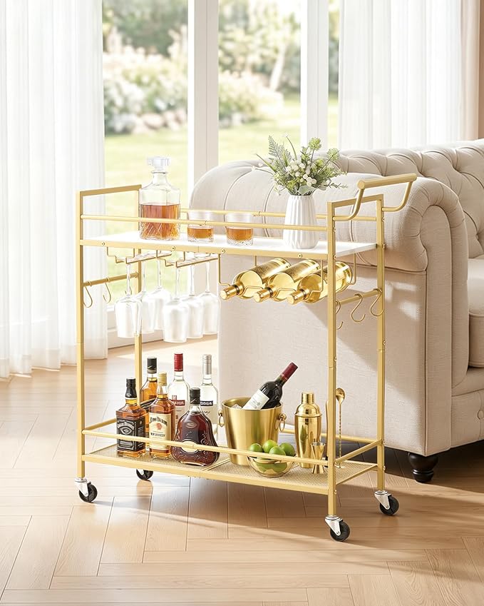 VEVOR Bar Cart, 2 Tiers Home Kitchen Serving Carts, Modern Rolling Utility Station on Wheel, Mobile Drink Beverage Trolley with Wooden & Mesh Shelf, Wine Rack, Glass Holder, 33.86x11.81x32.68 in, Gold
