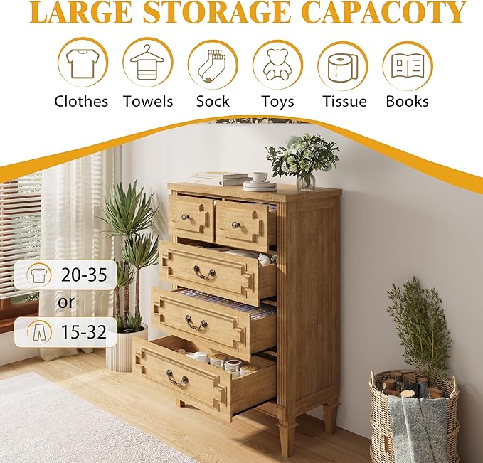 5 Drawer Dresser for Bedroom, 44" Tall Dresser & Chest of Drawers wtih Vintage Surface, Closet Storage Cabinet for Living Room, Hallway, Natural Oak