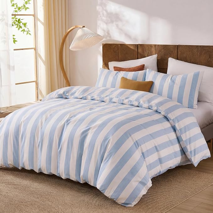 Merryword Blue and White Striped Duvet Cover Set King Size, 100% Cotton Bedding Set with Zipper Closure & 8 Corner Ties, Luxury Linen Like Bedding, Soft Breathable Comforter Cover for All Seasons