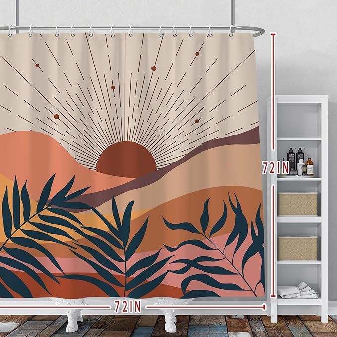 Baocicoo Boho Abstract Sun Shower Curtain Mid Century Sunrise Mountain Shower Curtain for Bathroom Minimalist Aesthetic Bathroom Decorations Waterproof Curtain for Bathroom with Hooks 72x72 Inches